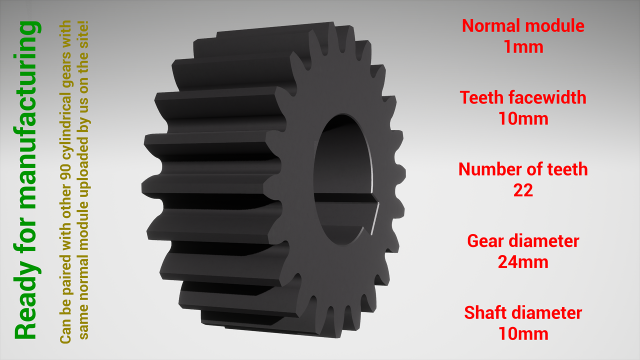 Cylindrical gear - paired - z22 m1 D24 d10 Modelo de impresión 3D .c4d .max .obj .3ds .fbx .stl .blend 