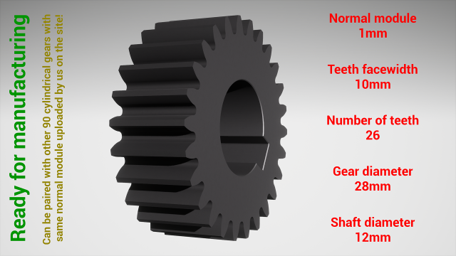 Cylindrical gear - paired - z26 m1 D28 d12 3Dプリントモデル .c4d .max .obj .3ds .fbx .stl .blend 