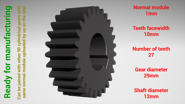 Cylindrical gear - paired - z27 m1 D29 d12 Modèles 3D en vedette .c4d .max .obj .3ds .fbx .stl .blend 