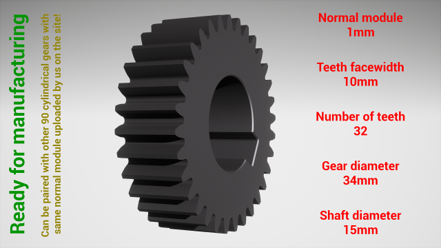 Cylindrical gear - paired - z32 m1 D34 d15 3D-printmodel .c4d .max .obj .3ds .fbx .stl .blend 