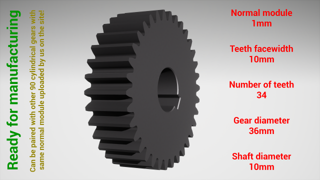 Cylindrical gear - paired - z34 m1 D36 d10 Modèles 3D en vedette .c4d .max .obj .3ds .fbx .stl .blend 