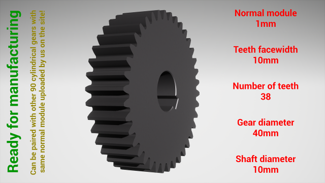 Cylindrical gear - paired - z38 m1 D40 d10 3Dプリントモデル .c4d .max .obj .3ds .fbx .stl .blend 