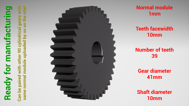 Cylindrical gear - paired - z39 m1 D41 d10 3Dプリントモデル .c4d .max .obj .3ds .fbx .stl .blend 