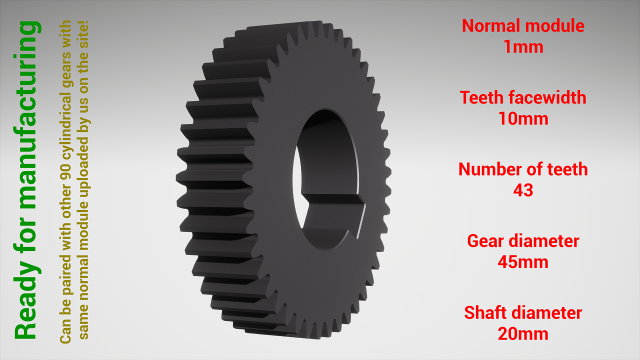 Cylindrical gear - paired - z43 m1 D45 d20 Modèles 3D en vedette .c4d .max .obj .3ds .fbx .stl .blend 