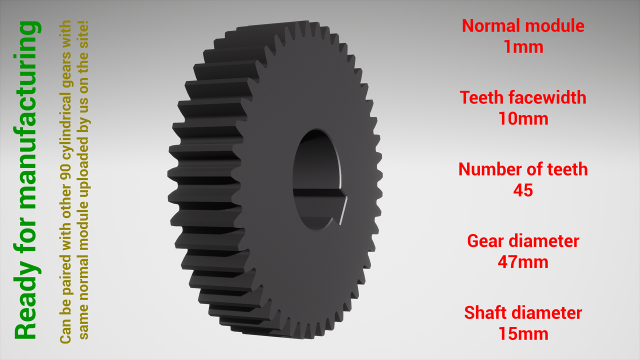 Cylindrical gear - paired - z45 m1 D47 d15 3Dプリントモデル .c4d .max .obj .3ds .fbx .stl .blend 