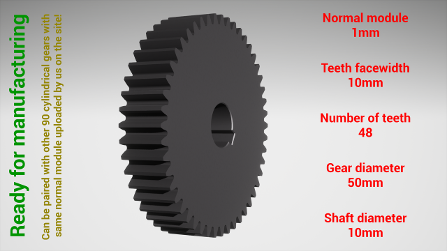 Cylindrical gear - paired - z48 m1 D50 d10 3Dプリントモデル .c4d .max .obj .3ds .fbx .stl .blend 