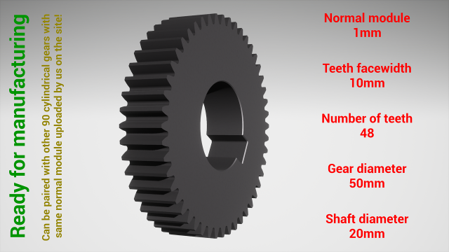 Cylindrical gear - paired - z48 m1 D50 d20 3Dプリントモデル .c4d .max .obj .3ds .fbx .stl .blend 