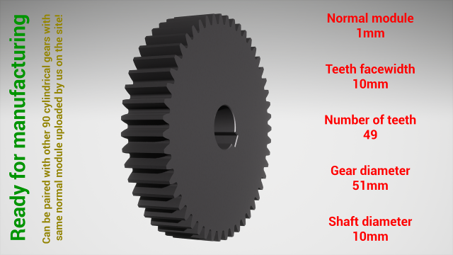 Cylindrical gear - paired - z49 m1 D51 d10 3D Print Model .c4d .max .obj .3ds .fbx .stl .blend 