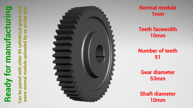 Cylindrical gear - paired - z51 m1 D53 d10 Modelo de Impressão 3D .c4d .max .obj .3ds .fbx .stl .blend 