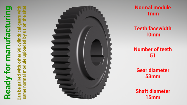 Cylindrical gear - paired - z51 m1 D53 d15 3D 打印模型 .c4d .max .obj .3ds .fbx .stl .blend 