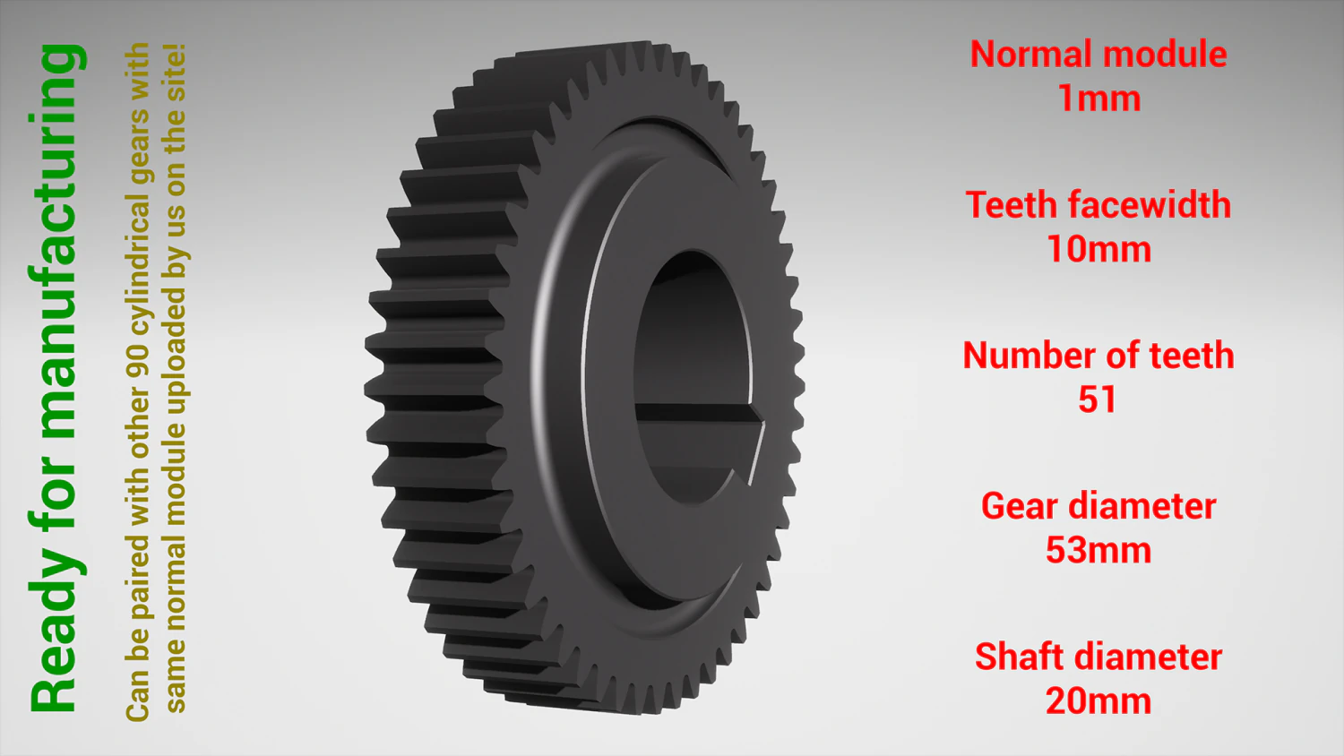 Cylindrical gear - paired - z51 m1 D53 d20 3D Print Model .c4d .max .obj .3ds .fbx .stl .blend