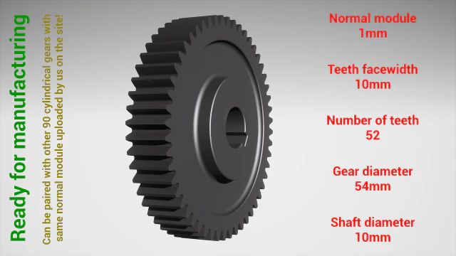 Cylindrical gear - paired - z52 m1 D54 d10 3D Print Model .c4d .max .obj .3ds .fbx .stl .blend