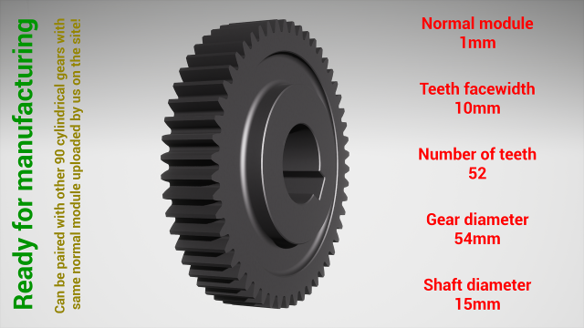 Cylindrical gear - paired - z52 m1 D54 d15 3D Принт Модель .c4d .max .obj .3ds .fbx .stl .blend 