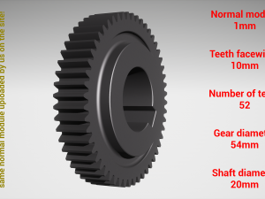 Cylindrical gear - paired - z52 m1 D54 d20 3D Baskı Modeli