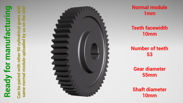Cylindrical gear - paired - z53 m1 D55 d10 3D Print Model .c4d .max .obj .3ds .fbx .stl .blend 