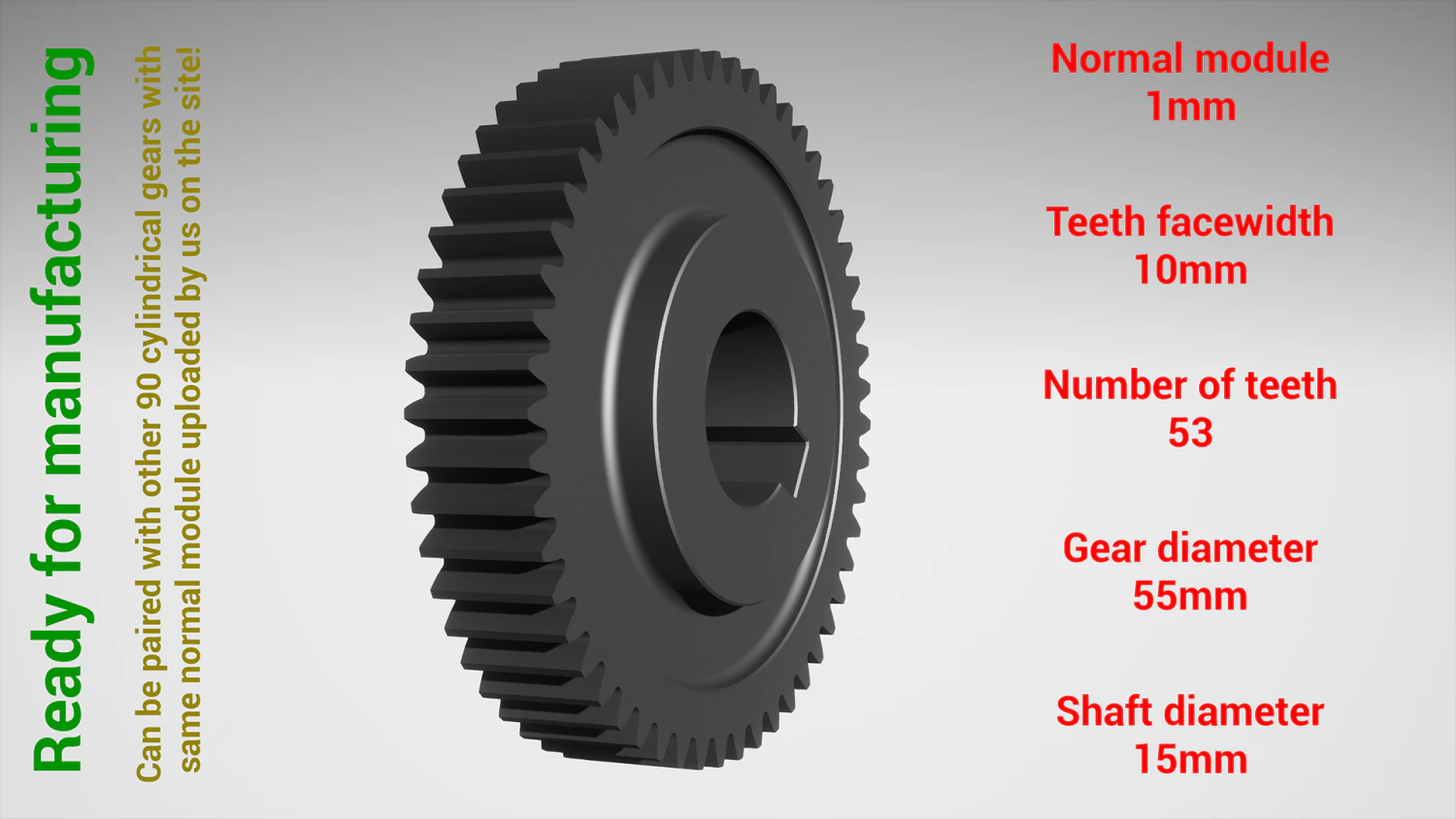 Cylindrical gear - paired - z53 m1 D55 d15 3D Print Model .c4d .max .obj .3ds .fbx .stl .blend