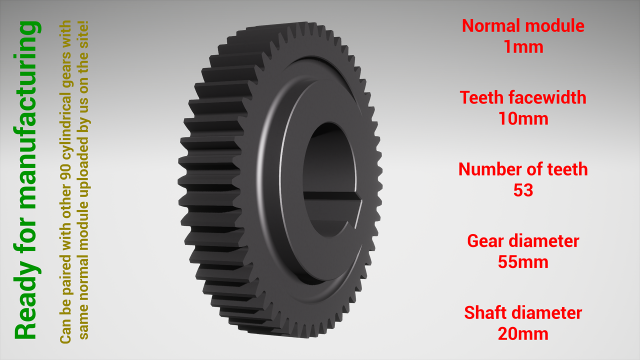 Cylindrical gear - paired - z53 m1 D55 d20 3D 打印模型 .c4d .max .obj .3ds .fbx .stl .blend 