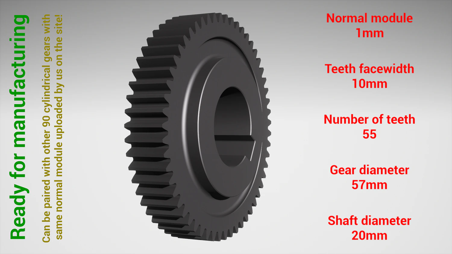 Cylindrical gear - paired - z55 m1 D57 d20 3D Print Model .c4d .max .obj .3ds .fbx .stl .blend