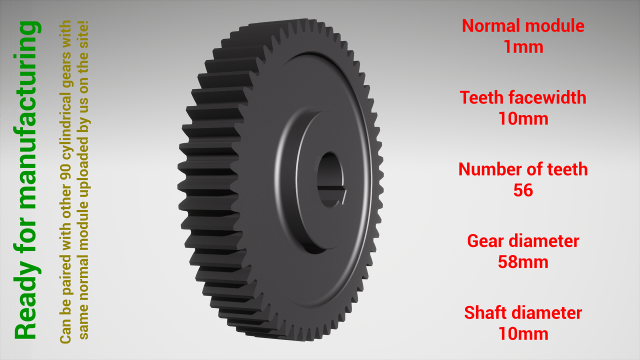 Cylindrical gear - paired - z56 m1 D58 d10 Model Cetak 3D .c4d .max .obj .3ds .fbx .stl .blend 