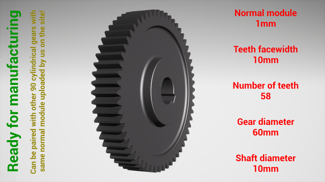 Cylindrical gear - paired - z58 m1 D60 d10 Modèles 3D en vedette .c4d .max .obj .3ds .fbx .stl .blend 