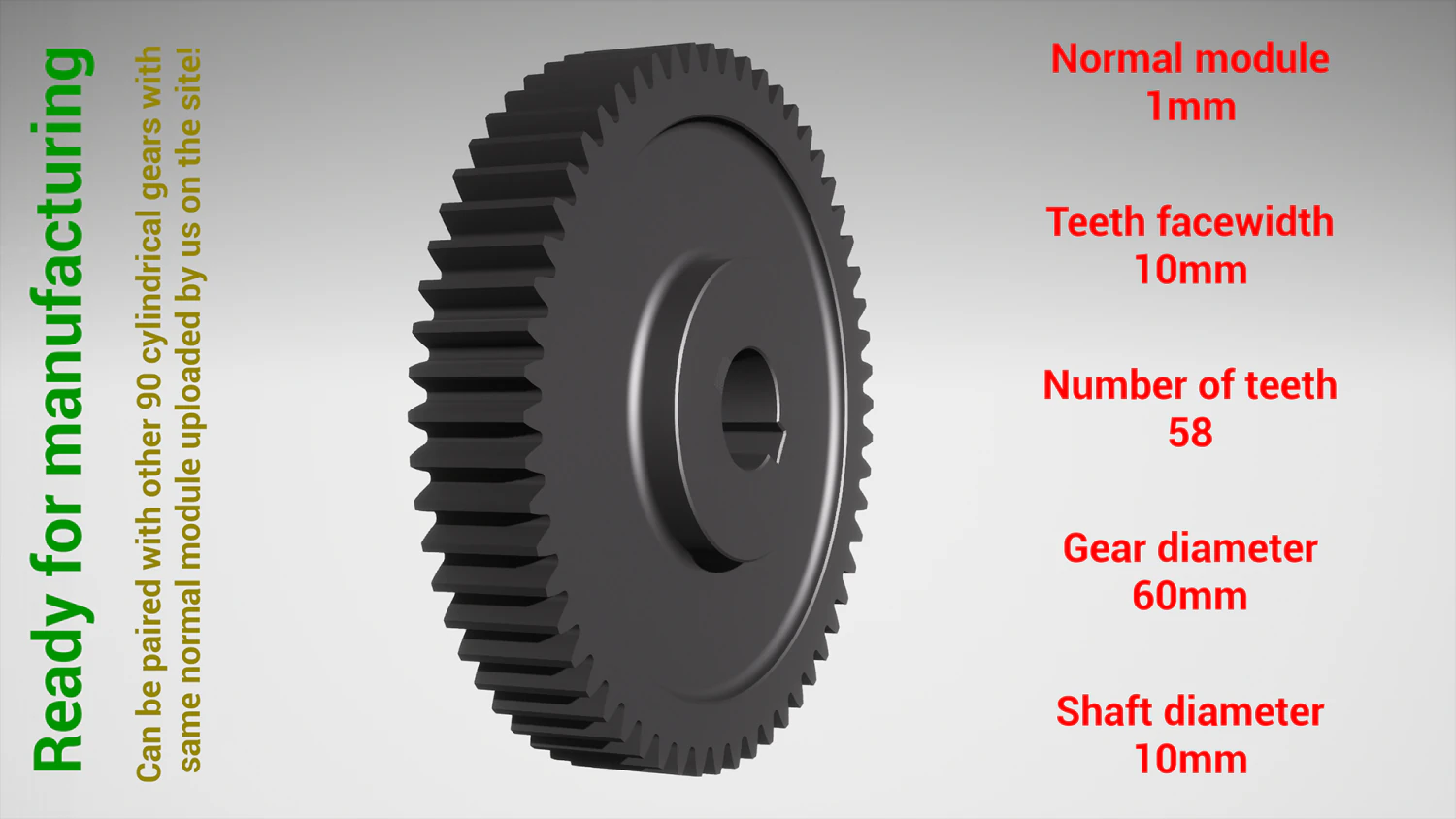 Cylindrical gear - paired - z58 m1 D60 d10 3D Print Model .c4d .max .obj .3ds .fbx .stl .blend 