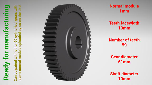 Cylindrical gear - paired - z59 m1 D61 d10 3D-printmodel .c4d .max .obj .3ds .fbx .stl .blend 