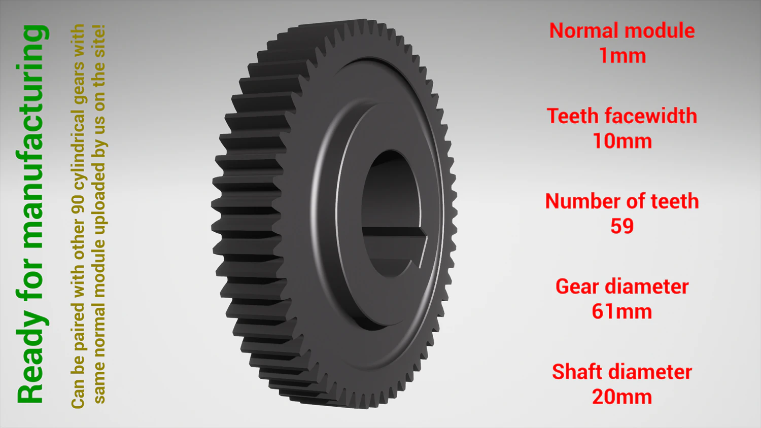 Cylindrical gear - paired - z59 m1 D61 d20 3D Print Model .c4d .max .obj .3ds .fbx .stl .blend