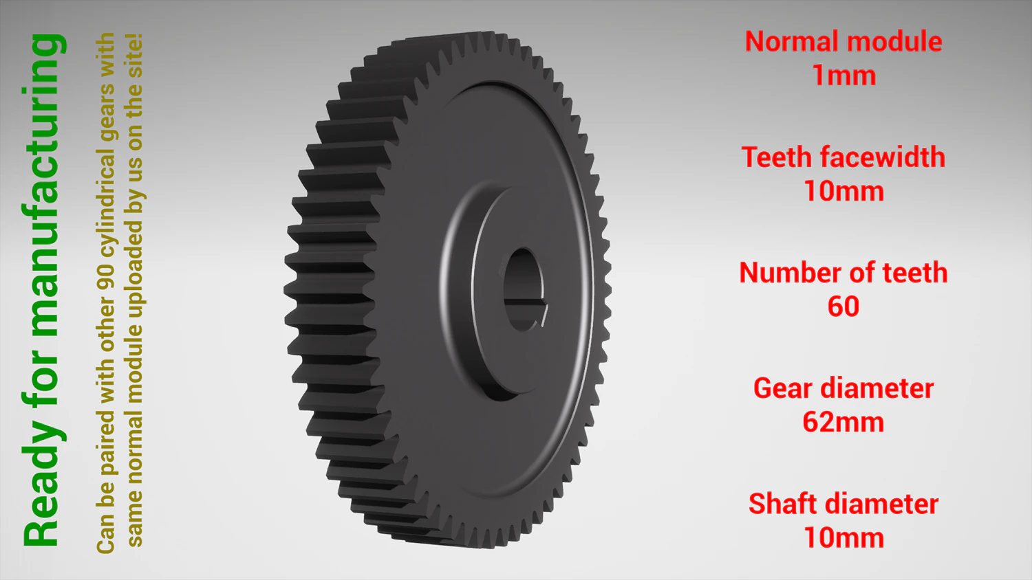 Cylindrical gear - paired - z60 m1 D62 d10 3D Print Model .c4d .max .obj .3ds .fbx .stl .blend 