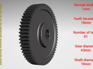 Engrenage cylindrique - jumel&eacute; - z61 m1 D63 d10 Modèles 3D en vedette