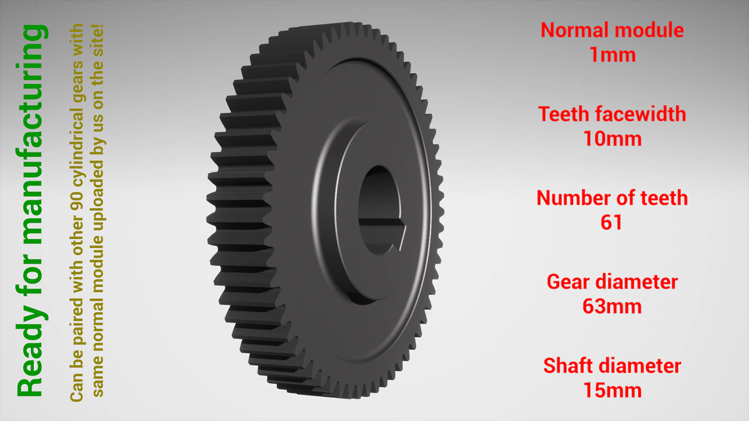 Cylindrical gear - paired - z61 m1 D63 d15 3D Print Model .c4d .max .obj .3ds .fbx .stl .blend