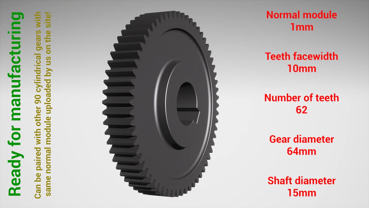 Cylindrical gear - paired - z62 m1 D64 d15 3D Print Model .c4d .max .obj .3ds .fbx .stl .blend 