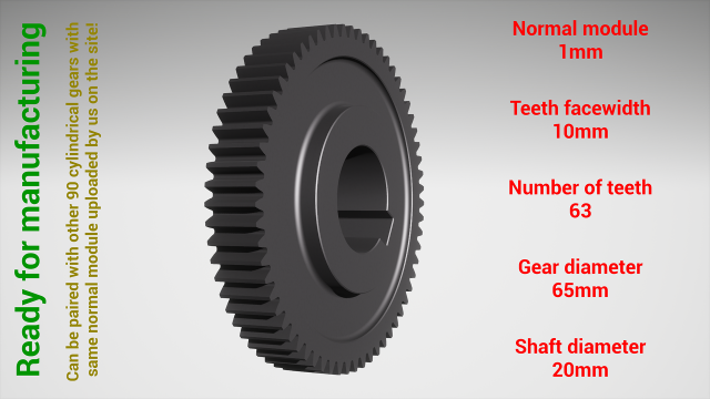 Cylindrical gear - paired - z63 m1 D65 d20 3D Baskı Modeli .c4d .max .obj .3ds .fbx .stl .blend 