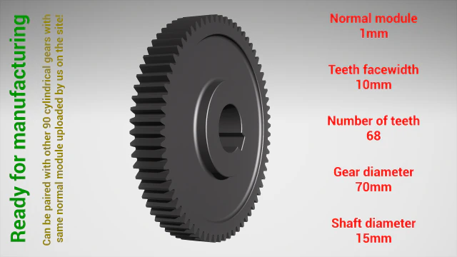 Cylindrical gear - paired - z68 m1 D70 d15 3D Print Model .c4d .max .obj .3ds .fbx .stl .blend 