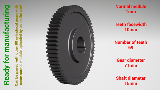 Cylindrical gear - paired - z69 m1 D71 d15 3Dプリントモデル .c4d .max .obj .3ds .fbx .stl .blend 