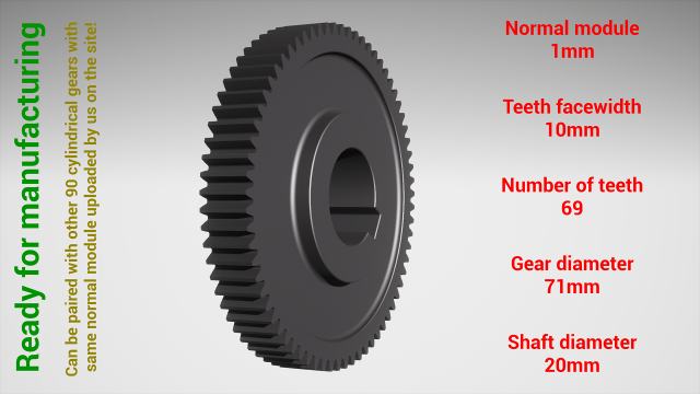 Cylindrical gear - paired - z69 m1 D71 d20 3D 打印模型 .c4d .max .obj .3ds .fbx .stl .blend 