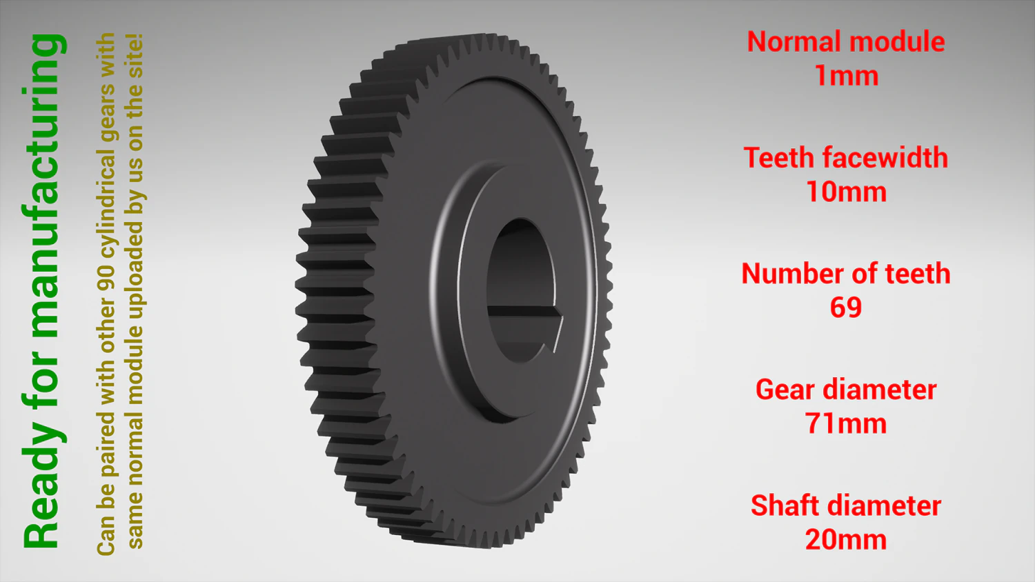 Cylindrical gear - paired - z69 m1 D71 d20 3D Print Model .c4d .max .obj .3ds .fbx .stl .blend 