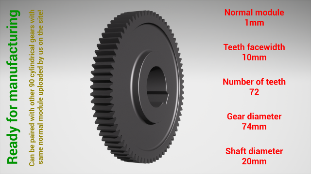 Cylindrical gear - paired - z72 m1 D74 d20 3D 打印模型 .c4d .max .obj .3ds .fbx .stl .blend 