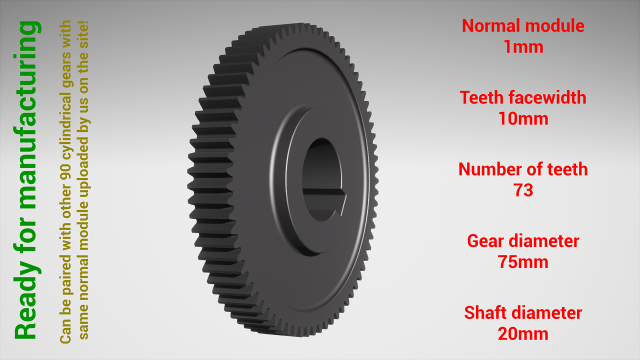 Cylindrical gear - paired - z73 m1 D75 d20 3D-printmodel .c4d .max .obj .3ds .fbx .stl .blend 