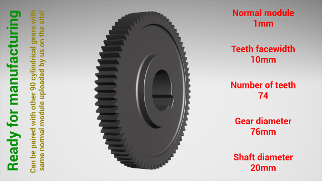 Cylindrical gear - paired - z74 m1 D76 d20 Modèles 3D en vedette .c4d .max .obj .3ds .fbx .stl .blend 