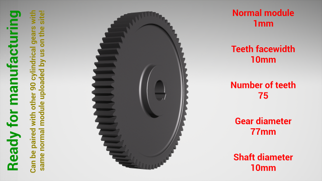 Cylindrical gear - paired - z75 m1 D77 d10 3Dプリントモデル .c4d .max .obj .3ds .fbx .stl .blend 