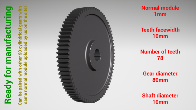 Cylindrical gear - paired - z78 m1 D80 d10 3D-printmodel .c4d .max .obj .3ds .fbx .stl .blend 
