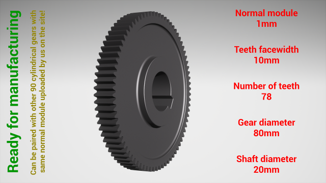 Cylindrical gear - paired - z78 m1 D80 d20 Modèles 3D en vedette .c4d .max .obj .3ds .fbx .stl .blend 