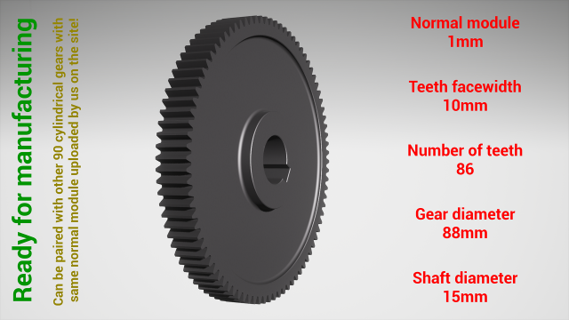 Cylindrical gear - paired - z86 m1 D88 d15 3Dプリントモデル .c4d .max .obj .3ds .fbx .stl .blend 