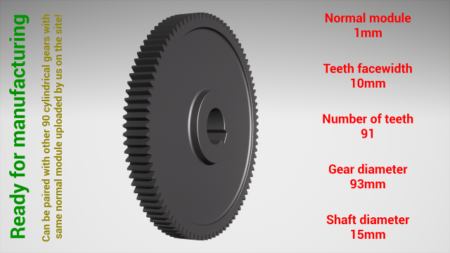Cylindrical gear - paired - z91 m1 D93 d15 Modello di stampa 3D .c4d .max .obj .3ds .fbx .stl .blend 