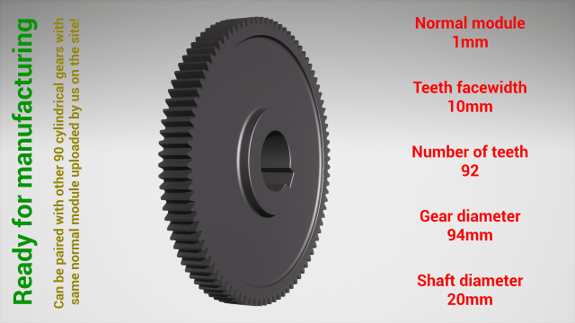 Cylindrical gear - paired - z92 m1 D94 d20 Modelo de Impressão 3D .c4d .max .obj .3ds .fbx .stl .blend 
