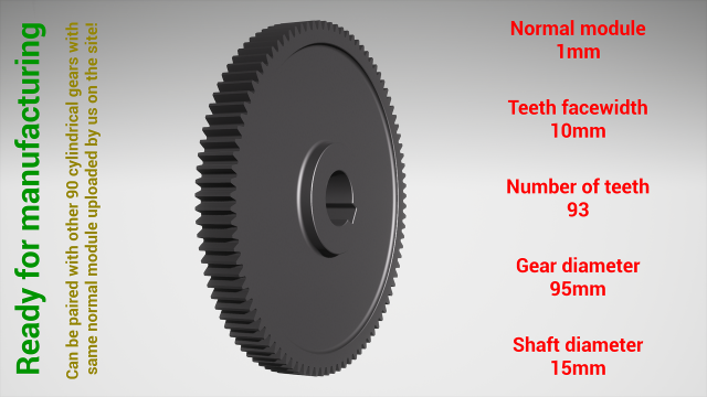 Cylindrical gear - paired - z93 m1 D95 d15 Modèles 3D en vedette .c4d .max .obj .3ds .fbx .stl .blend 