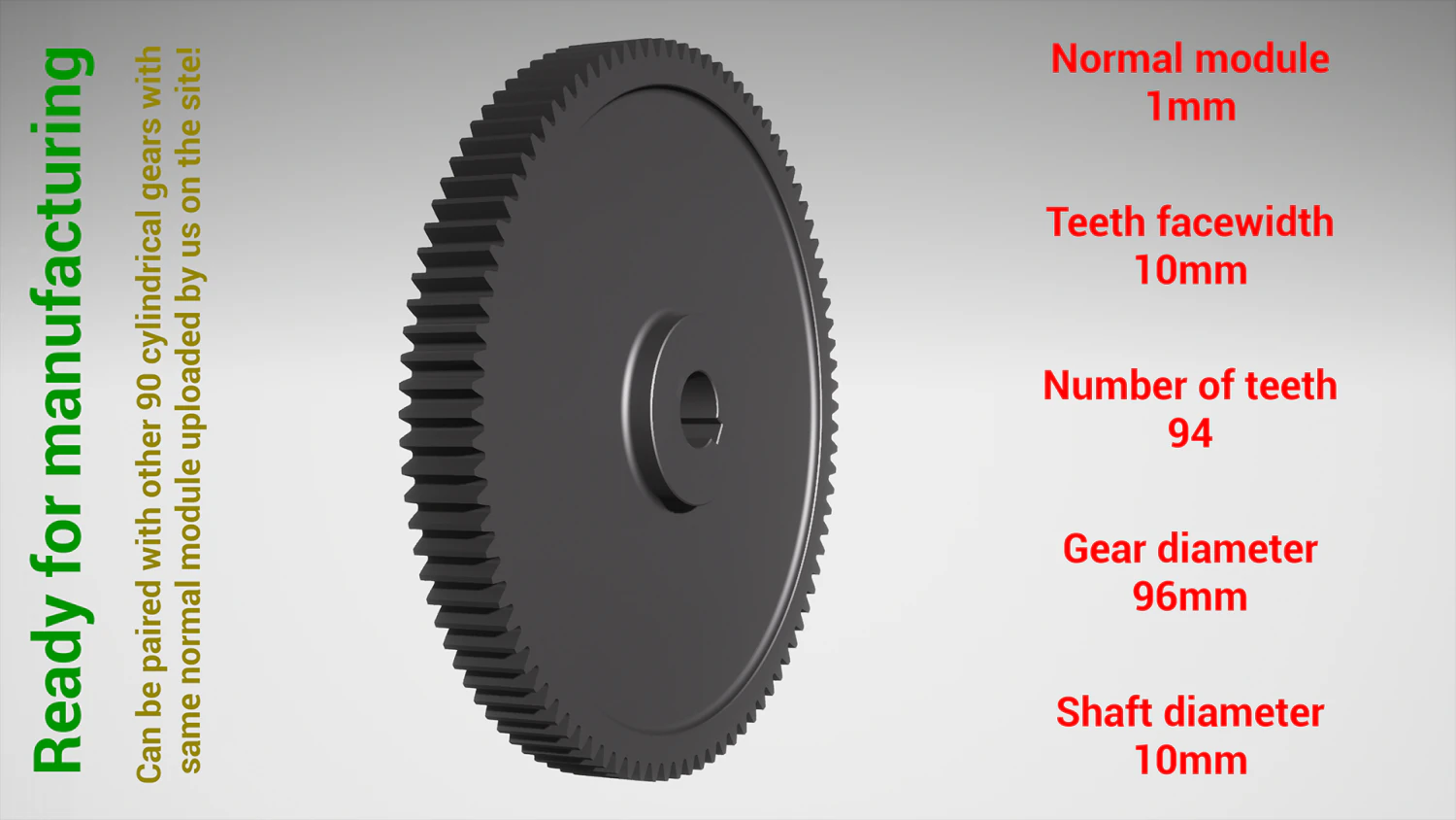 Cylindrical gear - paired - z94 m1 D96 d10 3D Print Model .c4d .max .obj .3ds .fbx .stl .blend 
