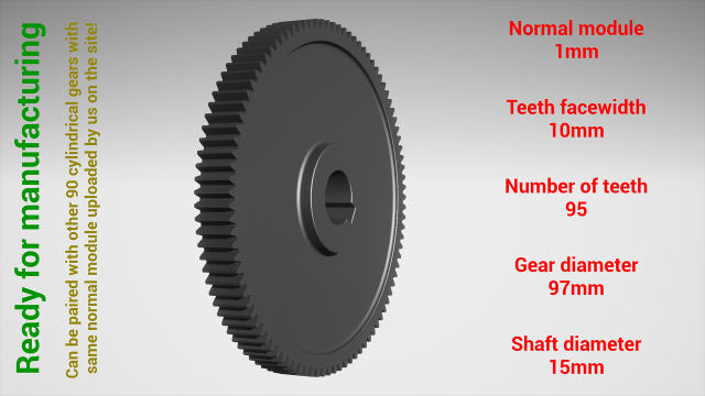 Cylindrical gear - paired - z95 m1 D97 d15 Modèles 3D en vedette .c4d .max .obj .3ds .fbx .stl .blend 