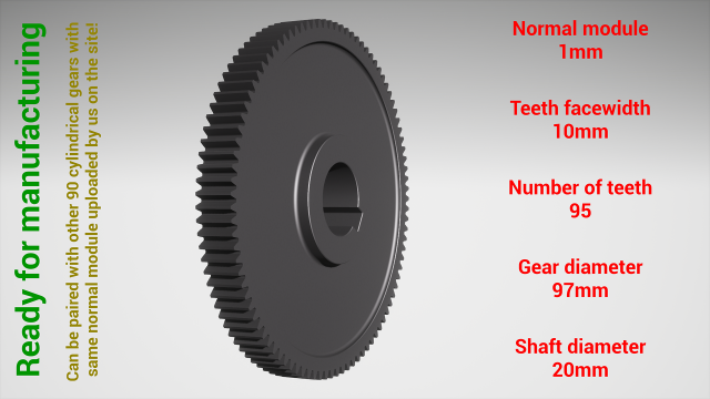 Cylindrical gear - paired - z95 m1 D97 d20 3D प्रिंट मॉडल .c4d .max .obj .3ds .fbx .stl .blend 