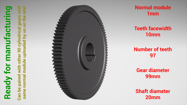 Cylindrical gear - paired - z97 m1 D99 d20 Model do druku 3D .c4d .max .obj .3ds .fbx .stl .blend 